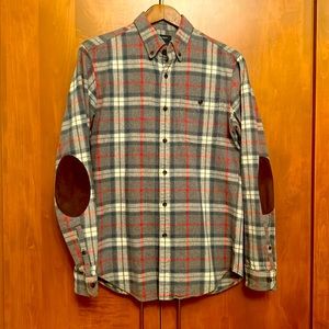 J CREW flannel, grey/white/blue/red, with suede style elbow patches, men’s Small